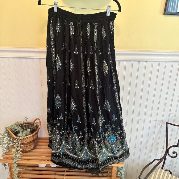 Vintage 90s Boho Skirt Long beaded stretch draw string waist Black maxi - Picture 1 of 6